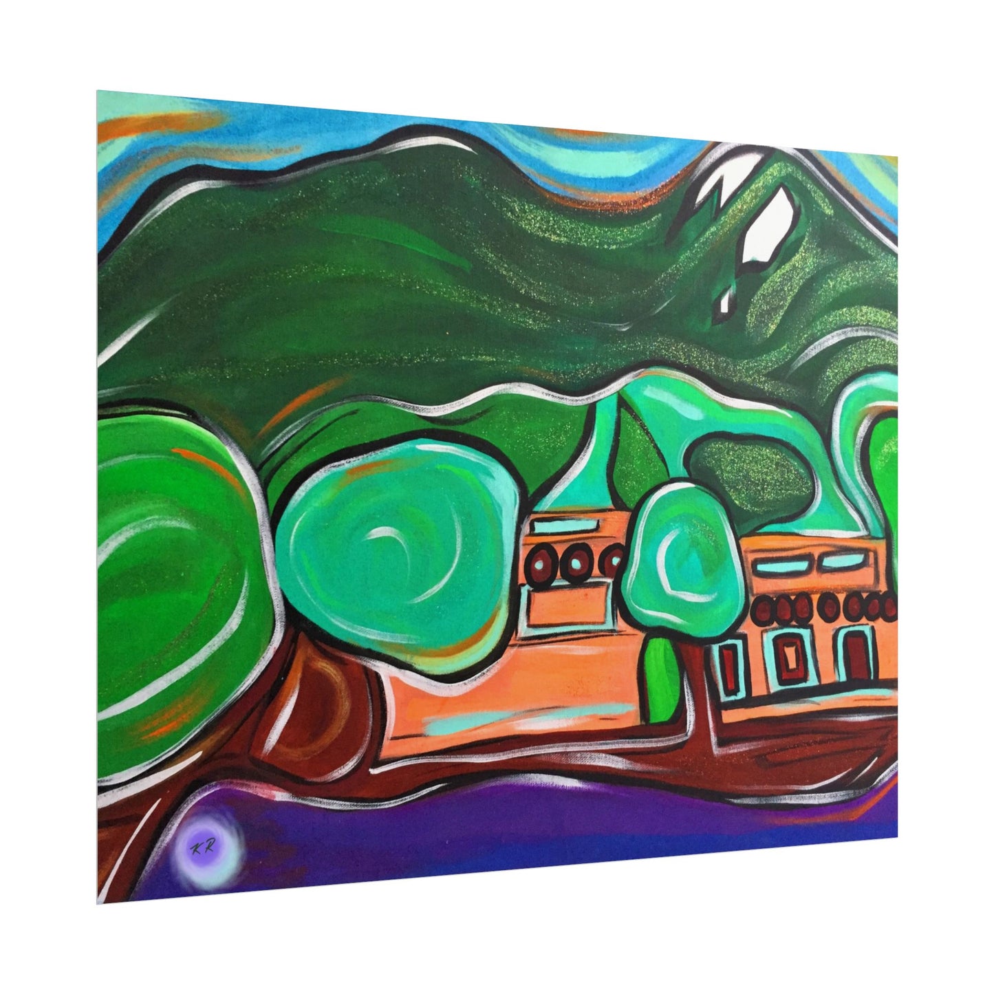 Adobe Home Mountain Landscape Rolled Poster | Colorful Lodge Wall Art