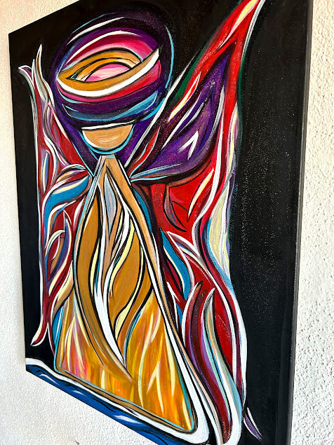Golden Angel with Red Shimmering Wings, original acrylic 30 x 24-inches, ready to hang