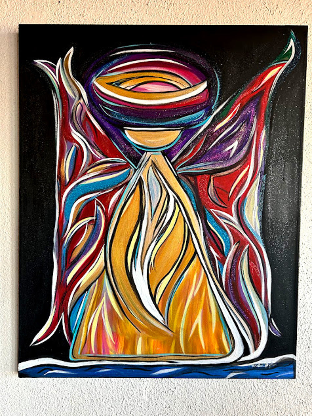 Golden Angel with Red Shimmering Wings, original acrylic 30 x 24-inches, ready to hang