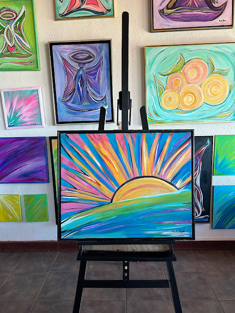 Good morning, Sunshine! acrylic on canvas framed art, glittered, 24 x 30-inches