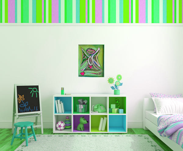 Green Angel with Pink Hearts, original acrylic framed 16 x 20 inches