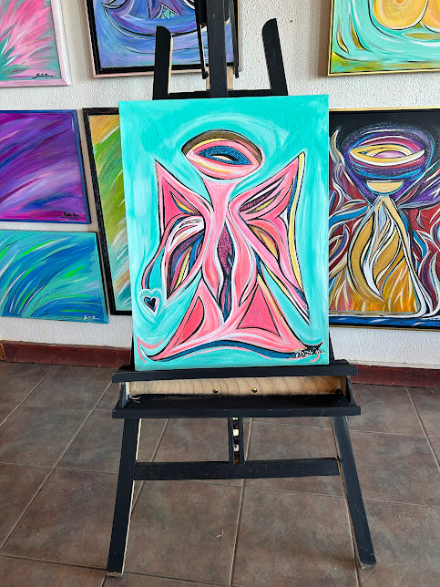 Pink Angel with Heart, acrylic on canvas, ready to hang Guardian Angel 18 x 24-inches