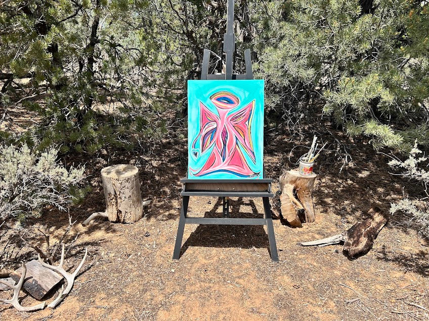 Pink Angel with Heart, acrylic on canvas, ready to hang Guardian Angel 18 x 24-inches