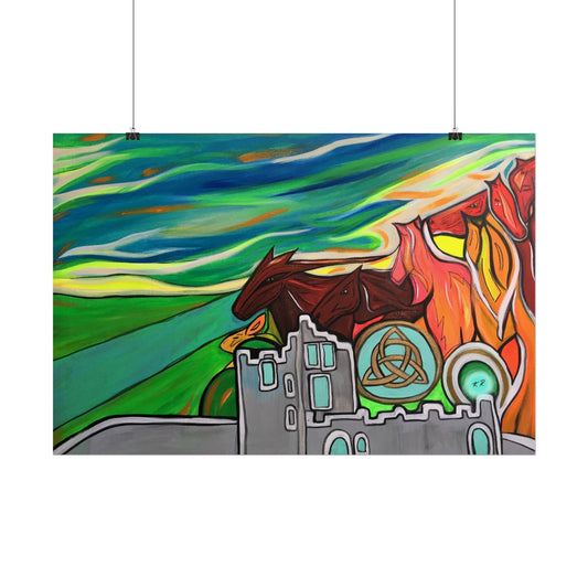 Medieval Castle Rolled Poster | Celtic Knot, Horses Running Landscape