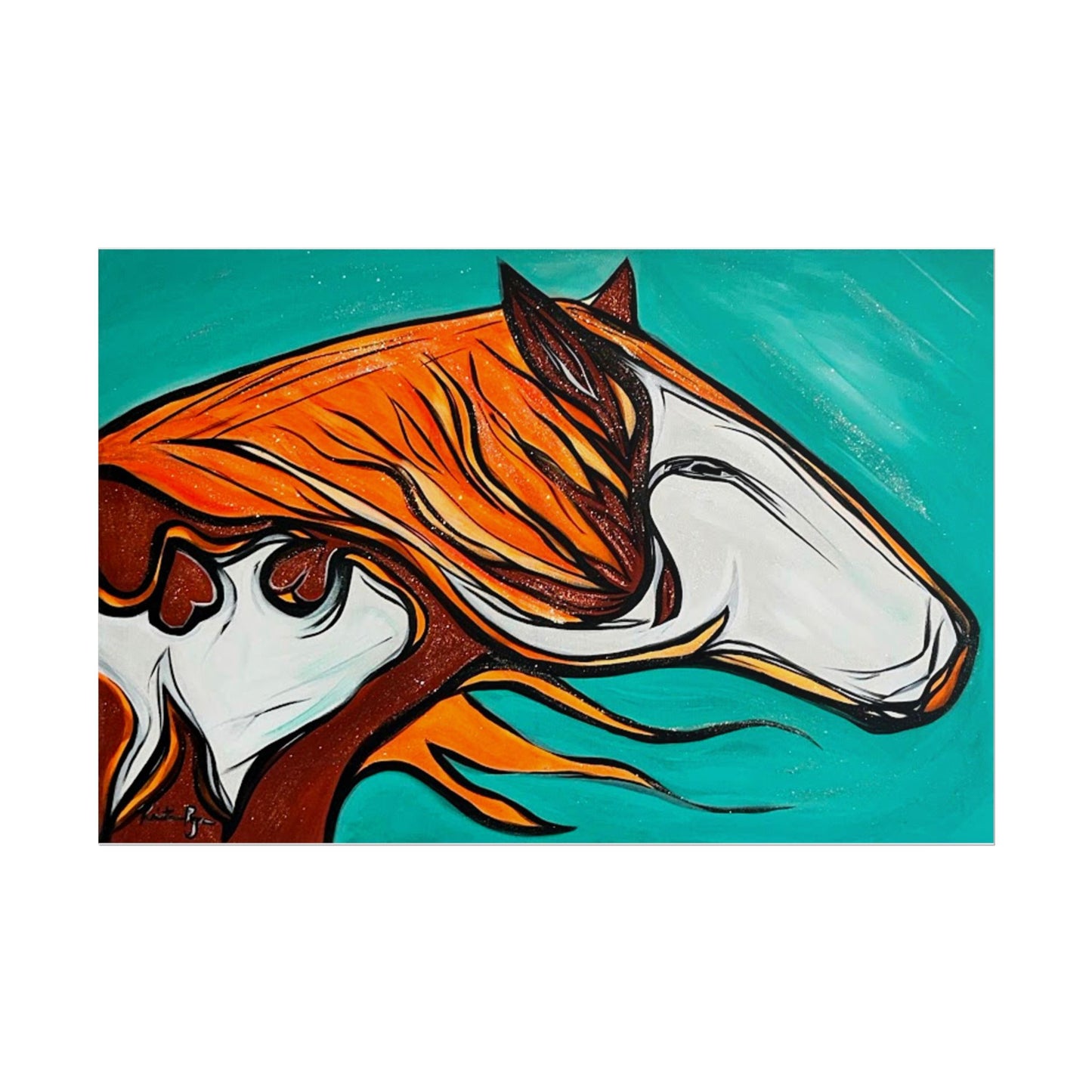 Flaming Mane Paint Horse poster | Rolled Poster, Teal Orange Equine Art