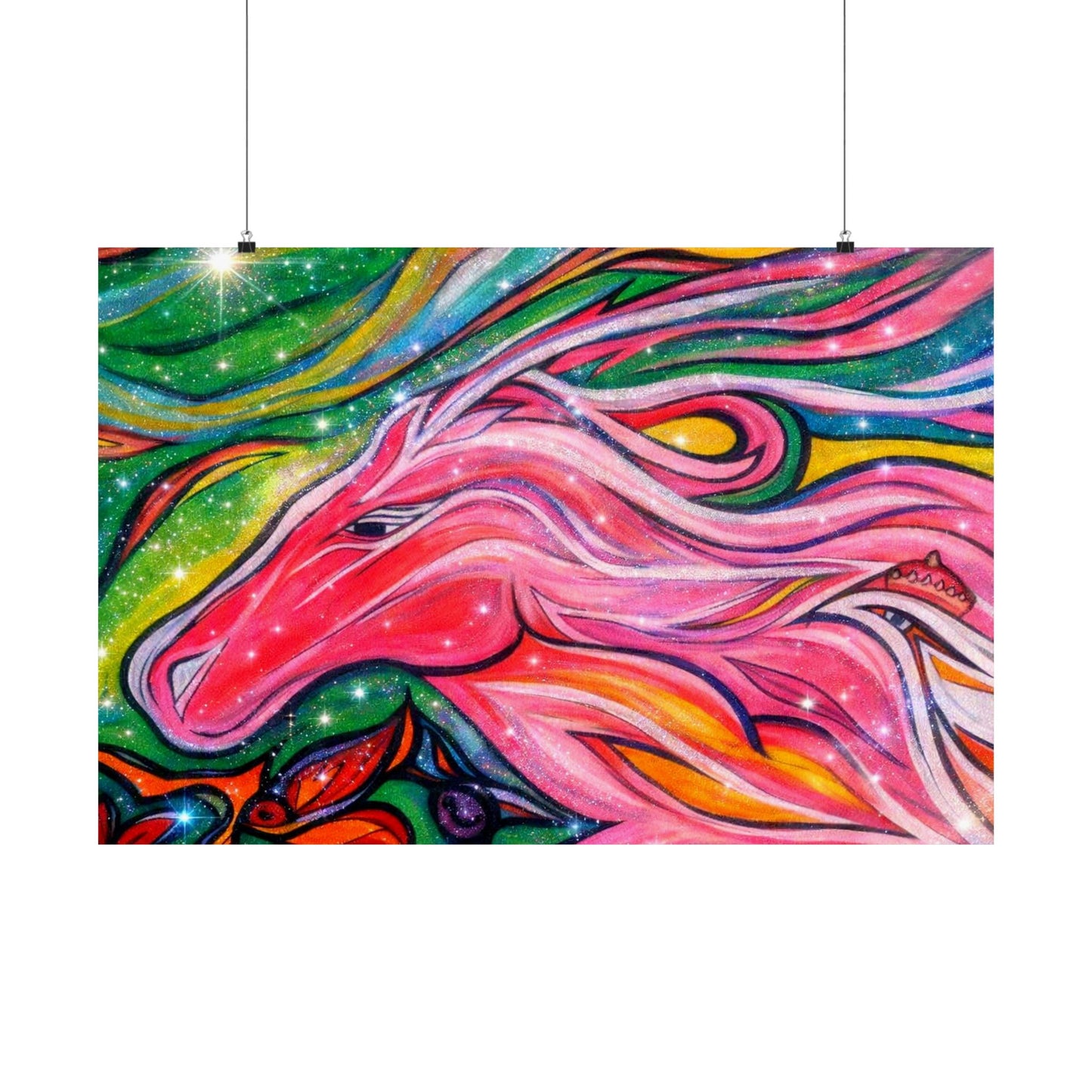 Pink Horse Lover Giclée Matte Horizontal Poster | Vibrant Pink Stallion Wall Art