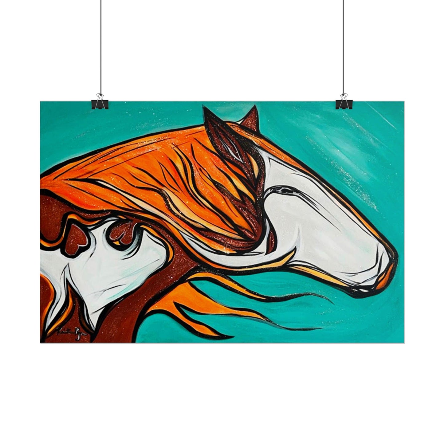 Flaming Mane Paint Horse poster | Rolled Poster, Teal Orange Equine Art
