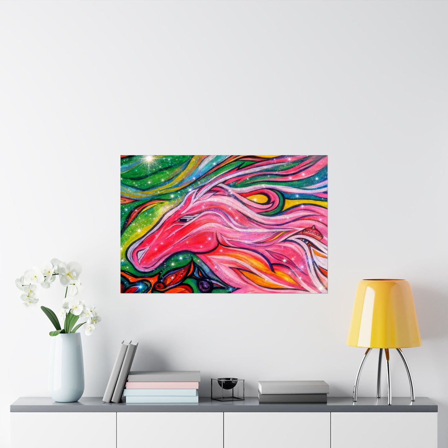 Pink Horse Lover Giclée Matte Horizontal Poster | Vibrant Pink Stallion Wall Art