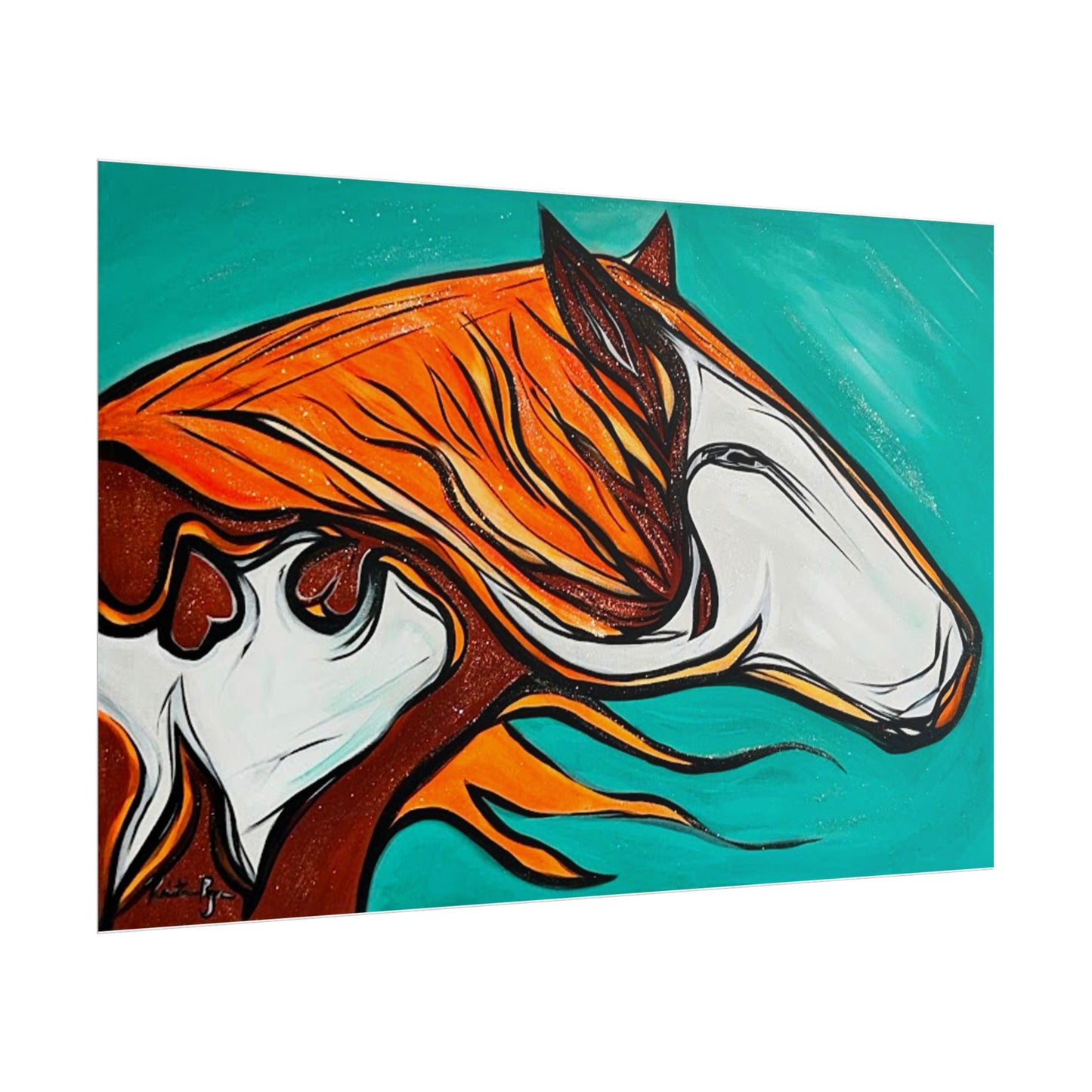 Flaming Mane Paint Horse poster | Rolled Poster, Teal Orange Equine Art