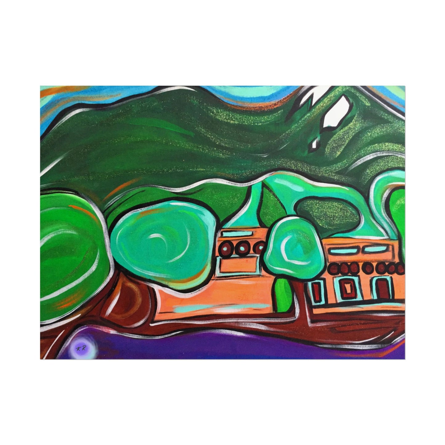Adobe Home Mountain Landscape Rolled Poster | Colorful Lodge Wall Art