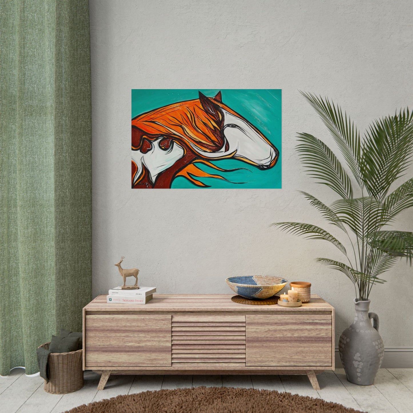Flaming Mane Paint Horse poster | Rolled Poster, Teal Orange Equine Art