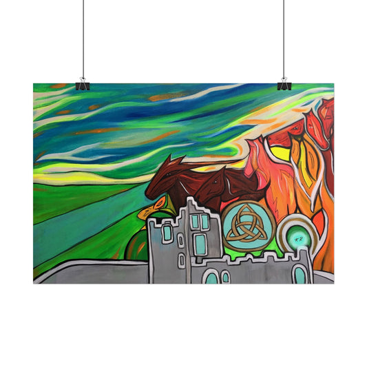 Medieval Castle Rolled Poster | Celtic Knot, Horses Running Landscape