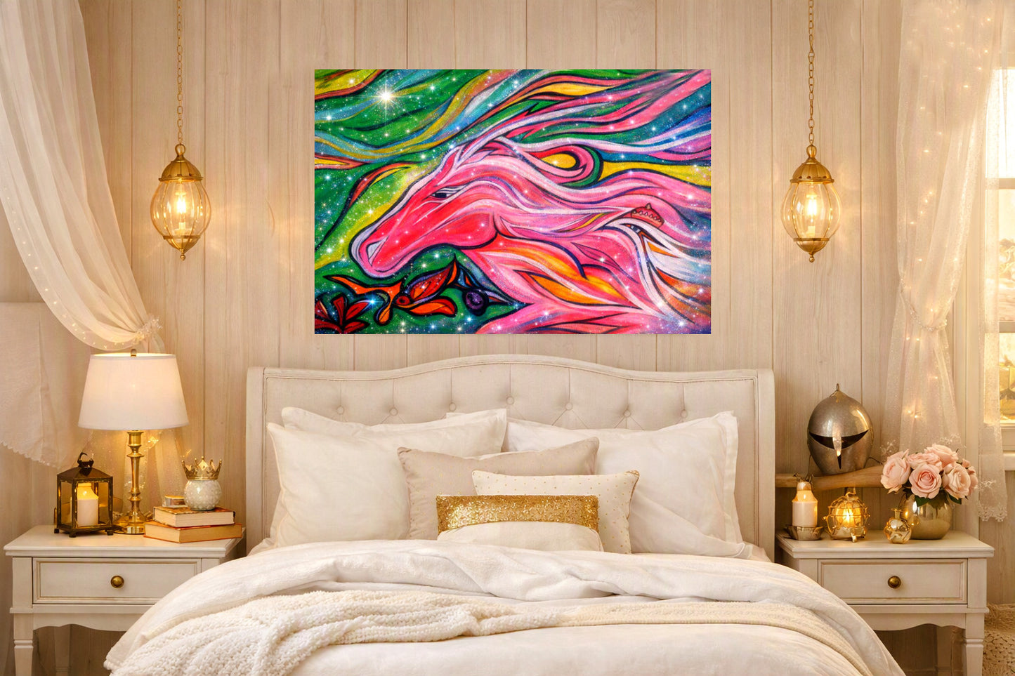 Pink Horse Lover Giclée Matte Horizontal Poster | Vibrant Pink Stallion Wall Art
