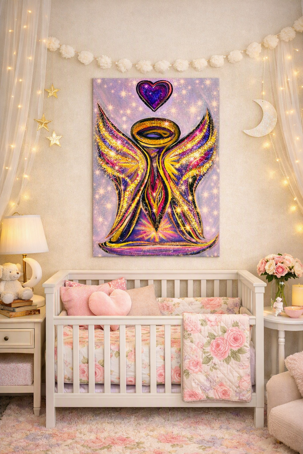 Angel Lover Wall Art Lavender Protector Guardian Angel Canvas Art Print Nursery Room Decor Guardian Angelic Children's room Spiritual Decor