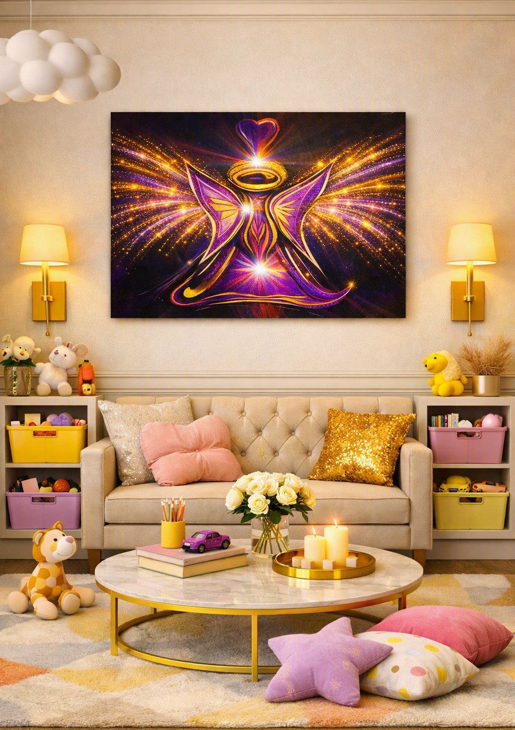 Angel Wall Art Kids Room Winged Fairycore Nursery Room Sparkle Glitter Effect Matte Canvas | Stretched Wall Canvas Print