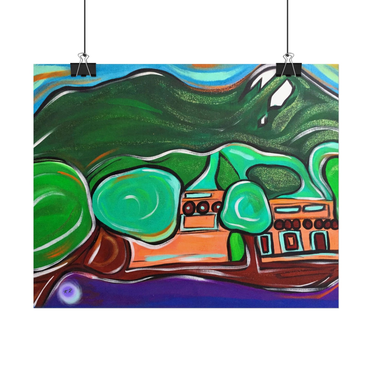 Adobe Home Mountain Landscape Rolled Poster | Colorful Lodge Wall Art