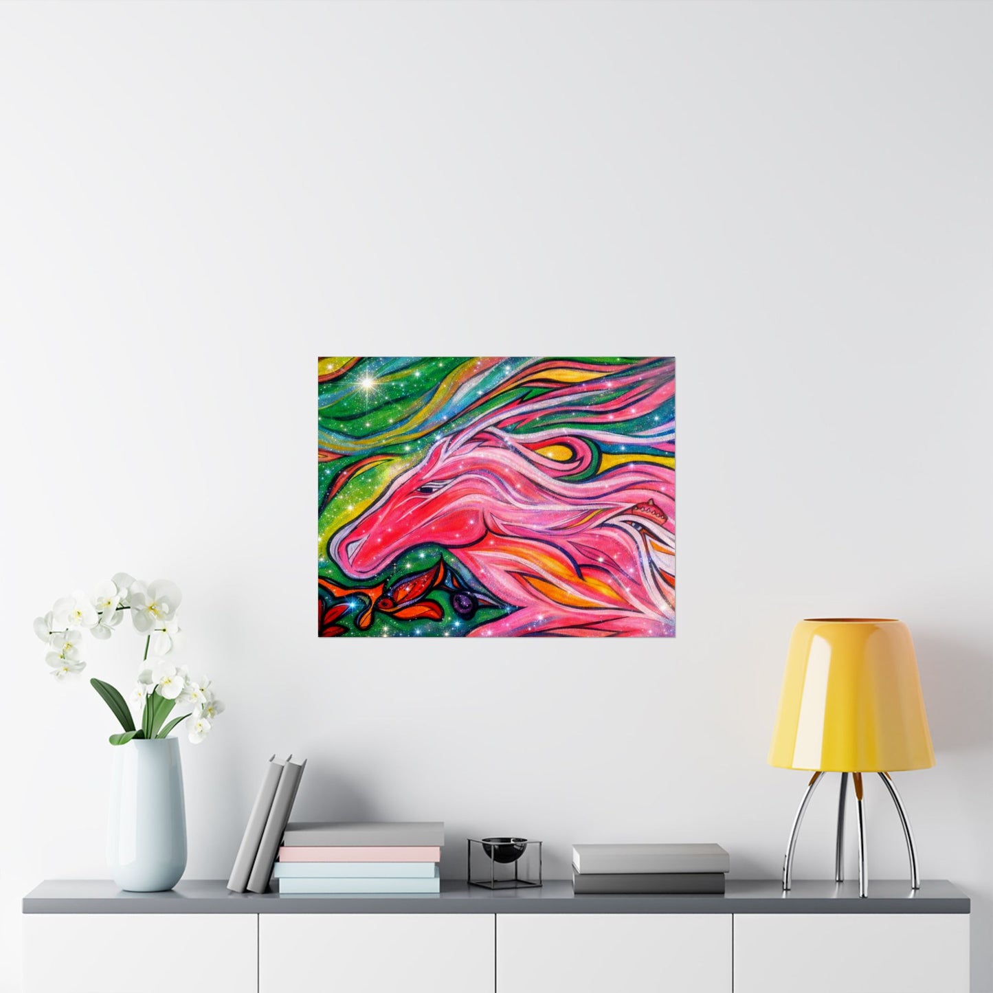 Pink Horse Lover Giclée Matte Horizontal Poster | Vibrant Pink Stallion Wall Art