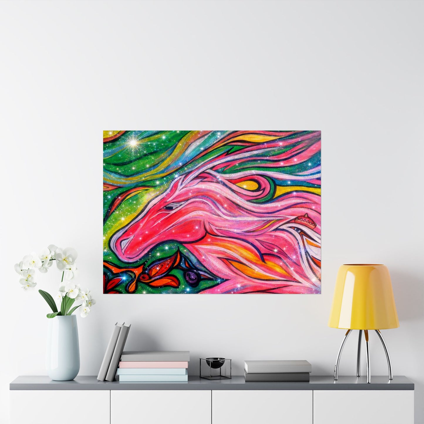 Pink Horse Lover Giclée Matte Horizontal Poster | Vibrant Pink Stallion Wall Art