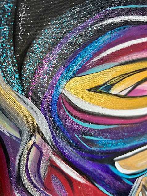 Golden Angel with Red Shimmering Wings, original acrylic 30 x 24-inches, ready to hang