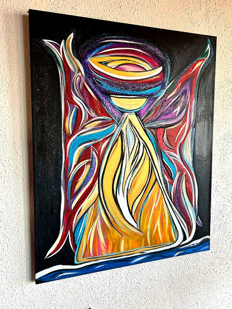 Golden Angel with Red Shimmering Wings, original acrylic 30 x 24-inches, ready to hang