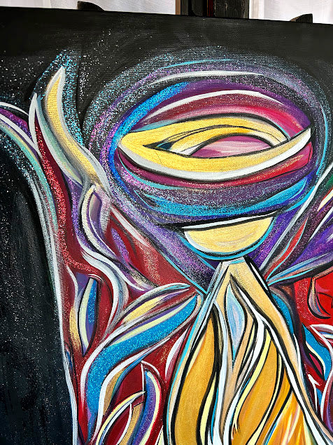 Golden Angel with Red Shimmering Wings, original acrylic 30 x 24-inches, ready to hang