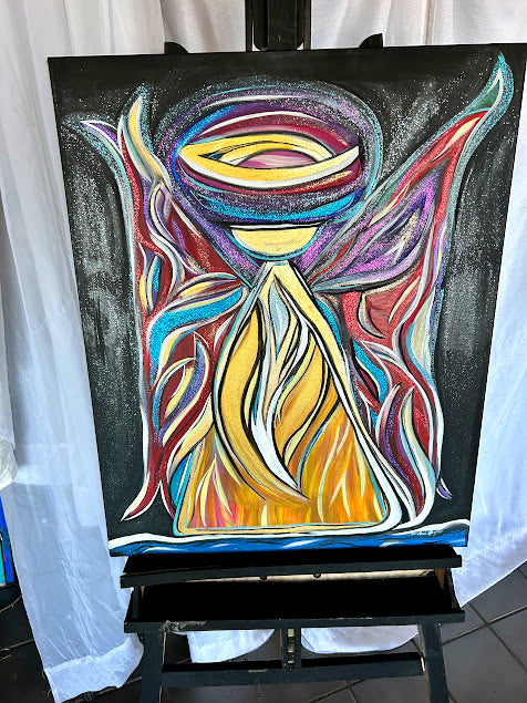 Golden Angel with Red Shimmering Wings, original acrylic 30 x 24-inches, ready to hang