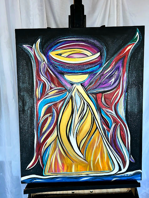 Golden Angel with Red Shimmering Wings, original acrylic 30 x 24-inches, ready to hang