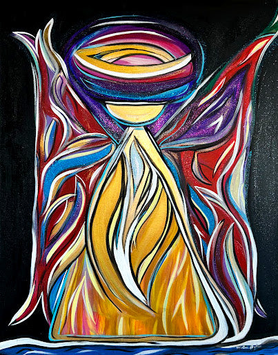 Golden Angel with Red Shimmering Wings, original acrylic 30 x 24-inches, ready to hang