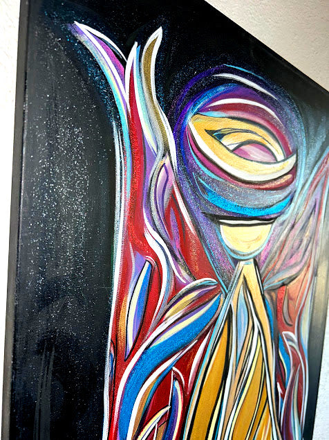 Golden Angel with Red Shimmering Wings, original acrylic 30 x 24-inches, ready to hang