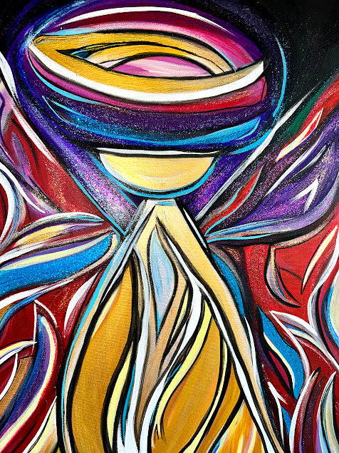 Golden Angel with Red Shimmering Wings, original acrylic 30 x 24-inches, ready to hang