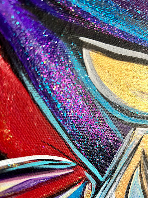 Golden Angel with Red Shimmering Wings, original acrylic 30 x 24-inches, ready to hang
