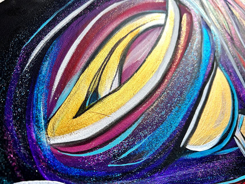 Golden Angel with Red Shimmering Wings, original acrylic 30 x 24-inches, ready to hang