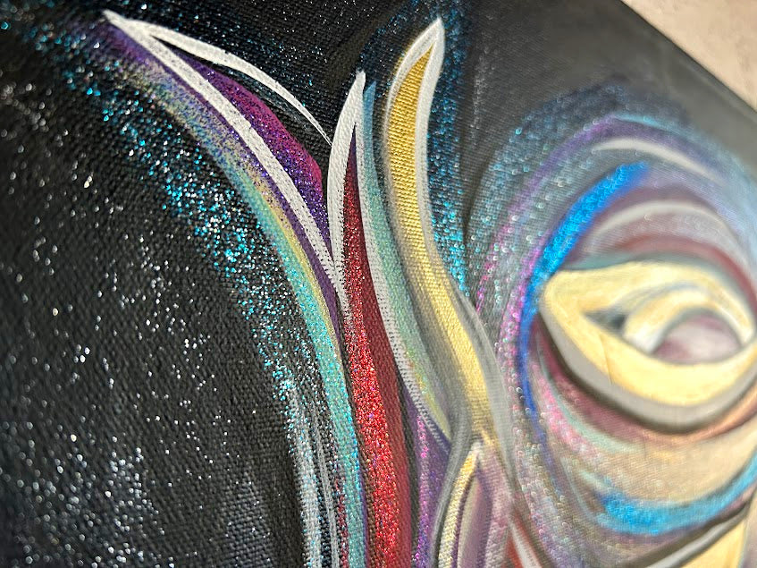 Golden Angel with Red Shimmering Wings, original acrylic 30 x 24-inches, ready to hang