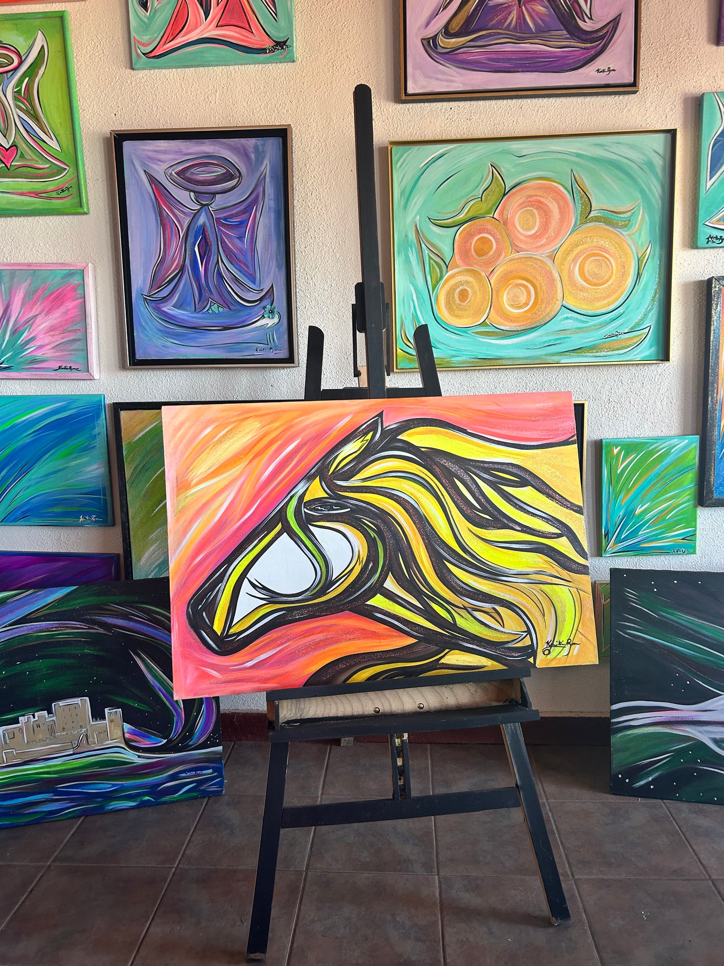 Yellow Horse original large 36 x 24-inches, acrylic art