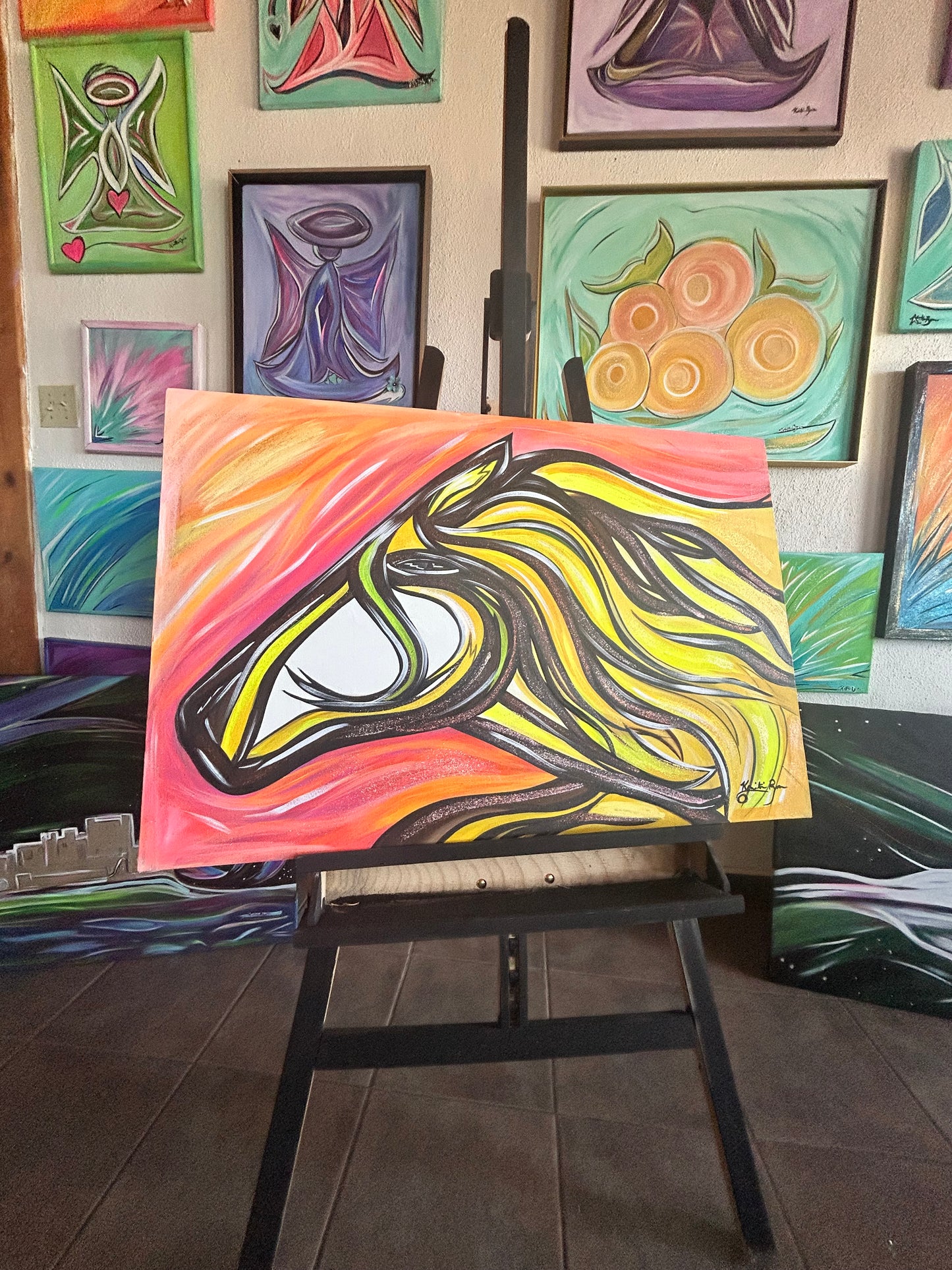 Yellow Horse original large 36 x 24-inches, acrylic art