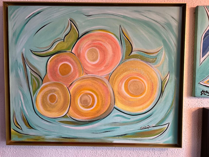 Abstract Circular Sparkles original art, deep gold frame, 30 x 24-inches