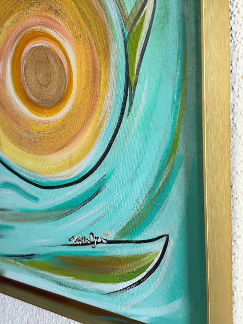 Abstract Circular Sparkles original art, deep gold frame, 30 x 24-inches