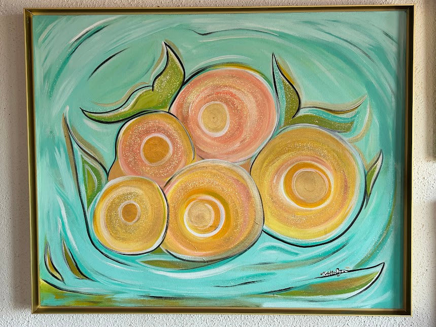 Abstract Circular Sparkles original art, deep gold frame, 30 x 24-inches