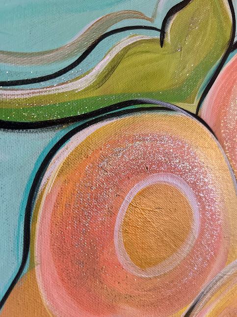 Abstract Circular Sparkles original art, deep gold frame, 30 x 24-inches