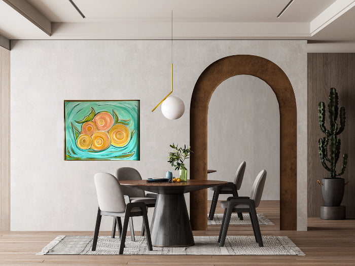 Abstract Circular Sparkles original art, deep gold frame, 30 x 24-inches
