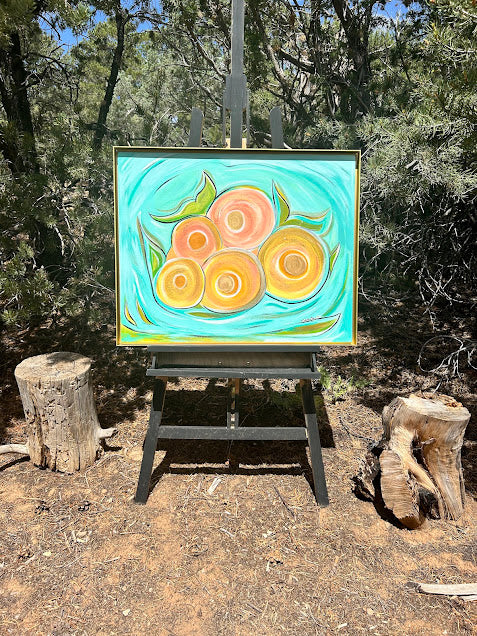 Abstract Circular Sparkles original art, deep gold frame, 30 x 24-inches