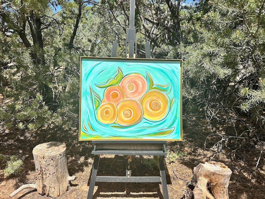 Abstract Circular Sparkles original art, deep gold frame, 30 x 24-inches