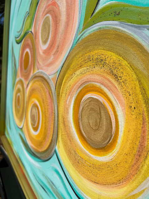 Abstract Circular Sparkles original art, deep gold frame, 30 x 24-inches