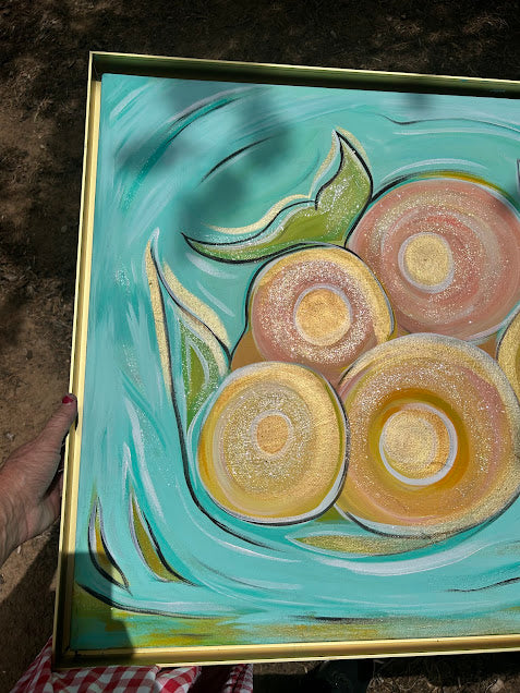 Abstract Circular Sparkles original art, deep gold frame, 30 x 24-inches