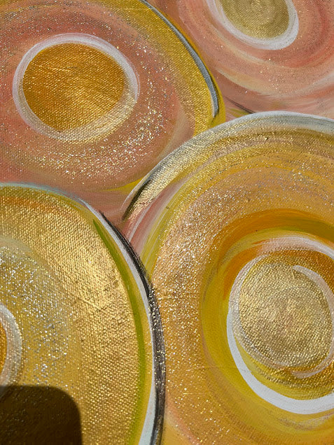 Abstract Circular Sparkles original art, deep gold frame, 30 x 24-inches