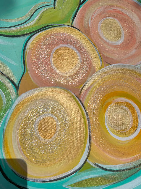 Abstract Circular Sparkles original art, deep gold frame, 30 x 24-inches
