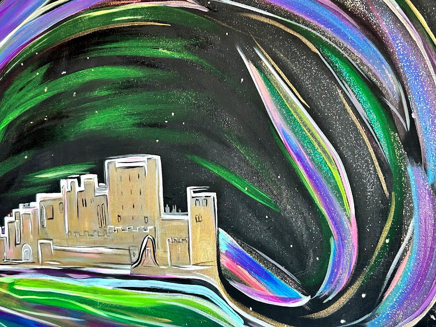 Bamburgh Castle and the Aurora Borealis, original acrylic 24 x 36-inches