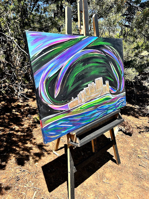 Bamburgh Castle and the Aurora Borealis, original acrylic 24 x 36-inches
