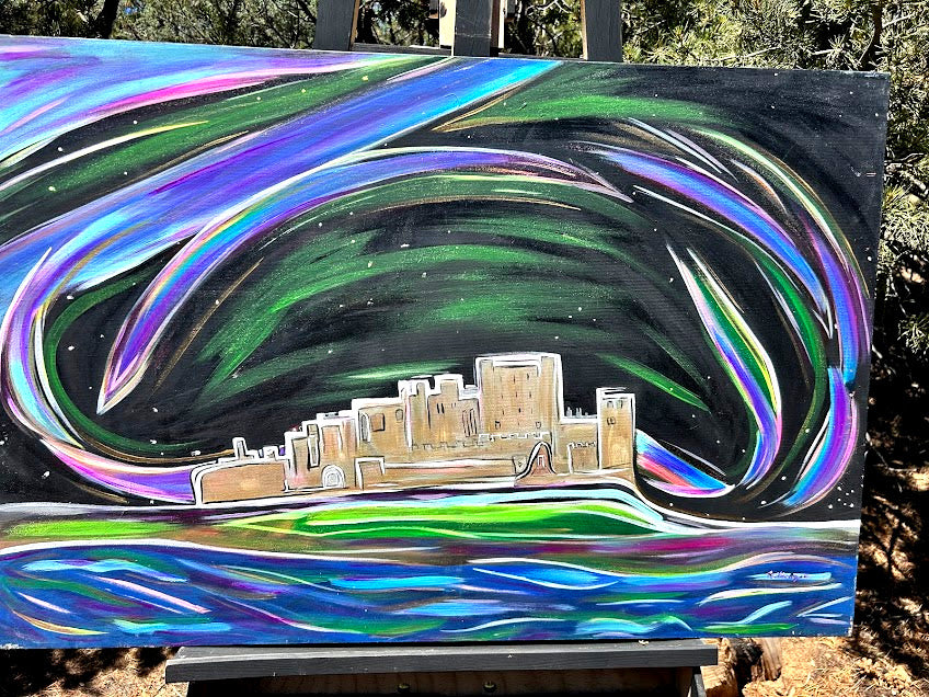 Bamburgh Castle and the Aurora Borealis, original acrylic 24 x 36-inches