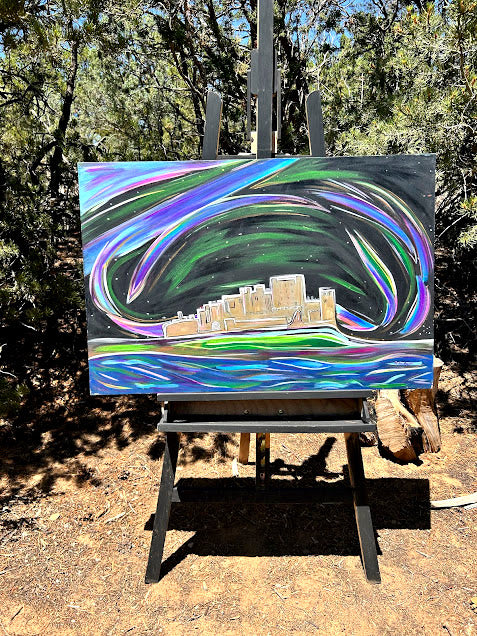 Bamburgh Castle and the Aurora Borealis, original acrylic 24 x 36-inches